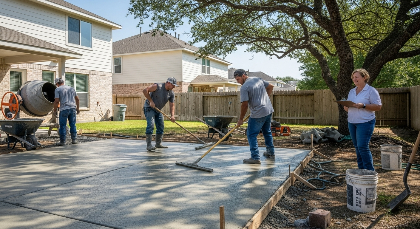 Stamped concrete patio with decorative pattern - outdoor living space San Antonio